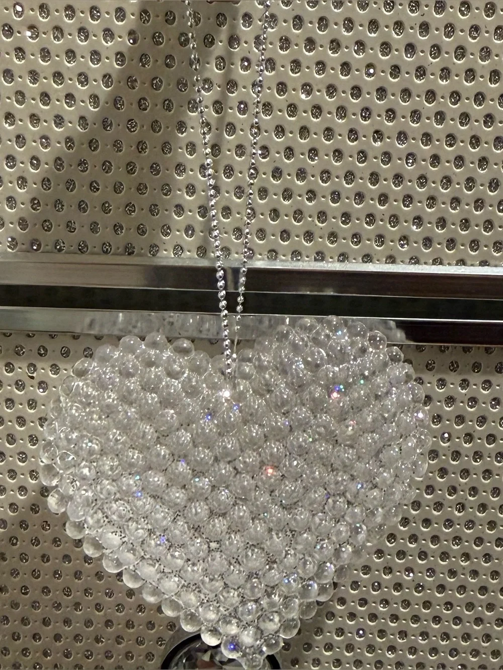 Vtg Clear Hard Plastic Heart Ornament - White Sparkle